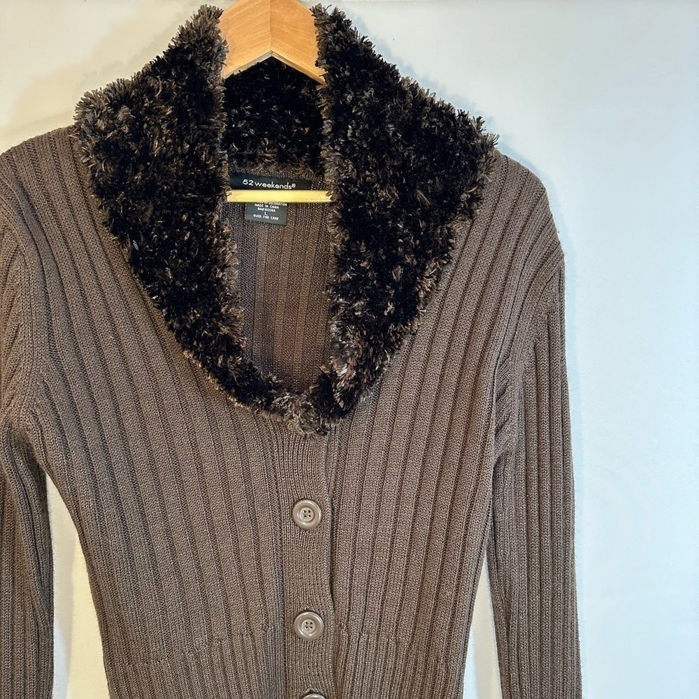 52 Weekends Sweater Cardigan Womens Size L Knit Fury Trim Collar Sleeve Stretchy